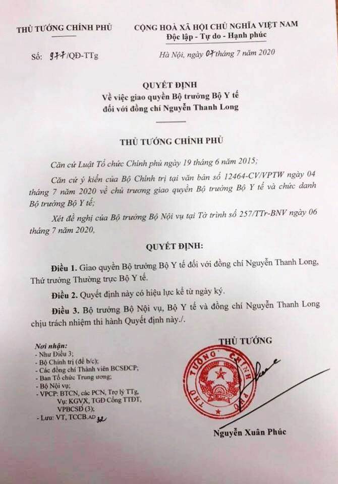 Quyết định về việc giao quyền Bộ trưởng Bộ Y tế.