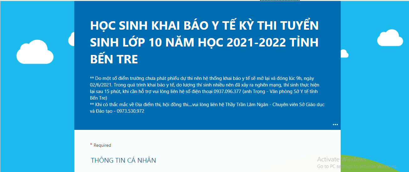 KHAI BÁO Y TẾ KỲ THI TUYỂN SINH VÀO LỚP 10 THPT NĂM HỌC 2021-2022  TỈNH BẾN TRE (Từ 03 - 06/6/2021)