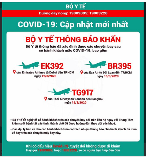THÔNG BÁO KHẨN SỐ 2: Bộ Y tế tìm hành khách trên 3 chuyến bay có bệnh nhân COVID-19