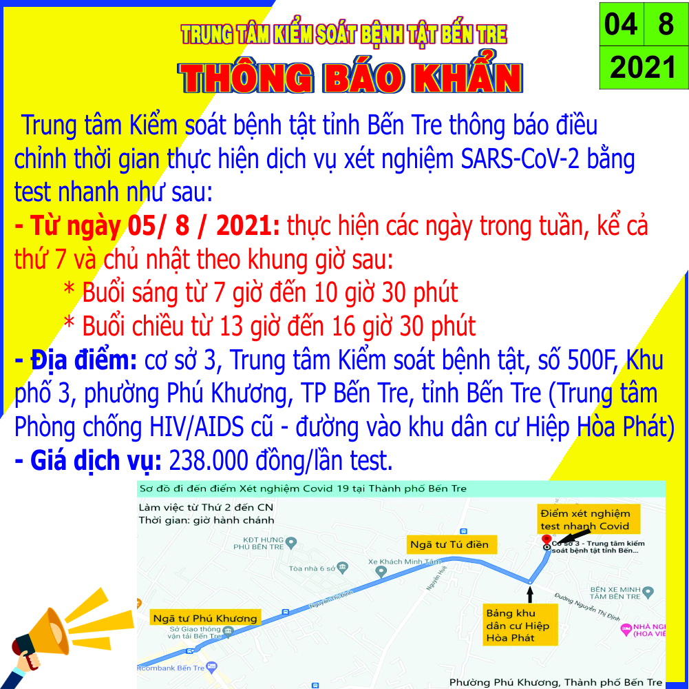 Trung tâm Kiểm soát bệnh tật Bến Tre thông báo thay đổi thời gian thực hiện test nhanh SARS-CoV-2