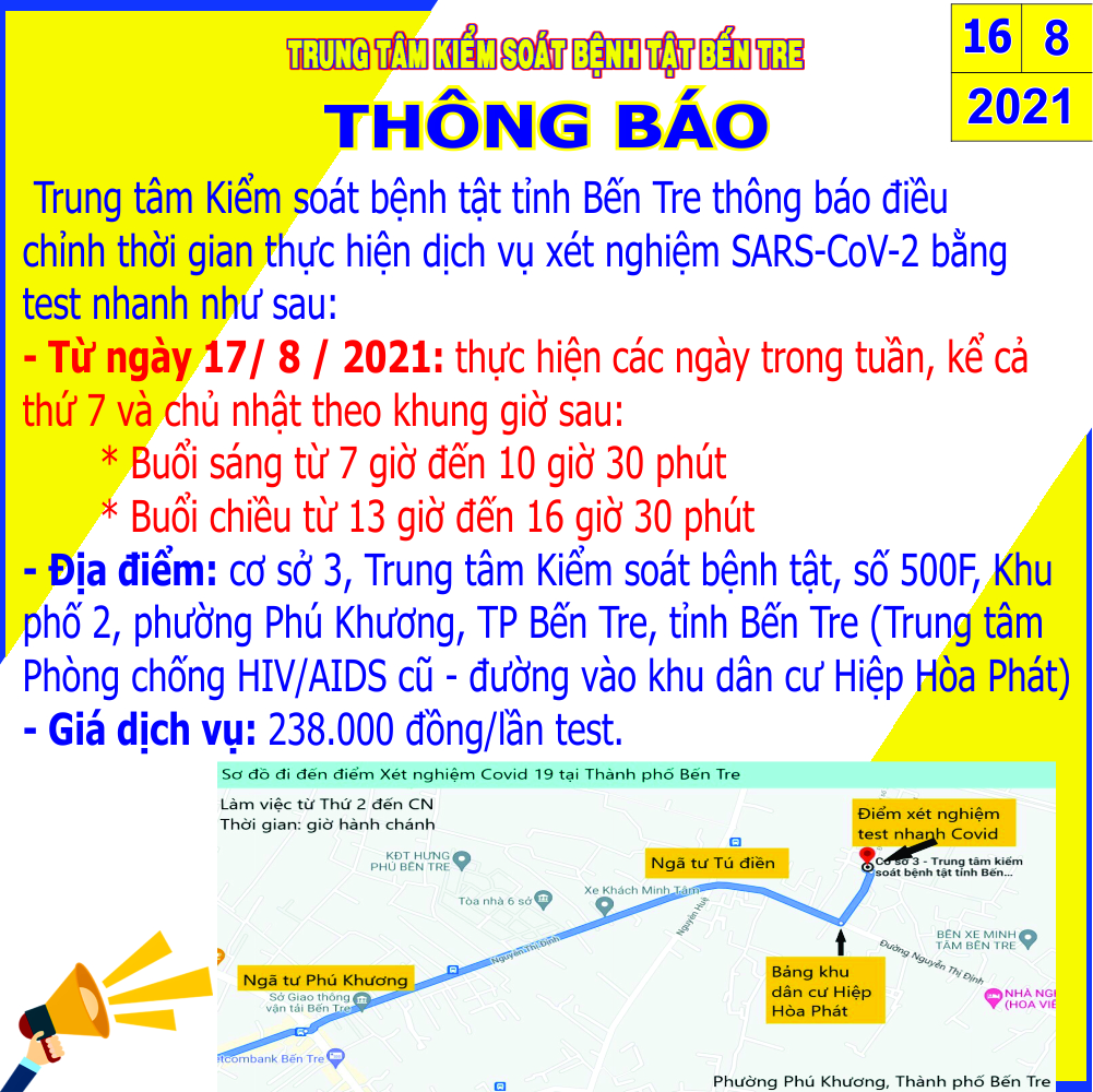 Trung tâm Kiểm soát bệnh tật Bến Tre thông báo thay đổi thời gian thực hiện test nhanh SARS-CoV-2