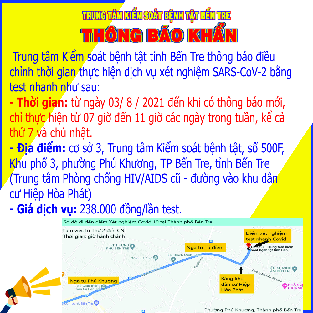 Trung tâm Kiểm soát bệnh tật Bến Tre thông báo thay đổi thời gian thực hiện test nhanh SARS-CoV-2