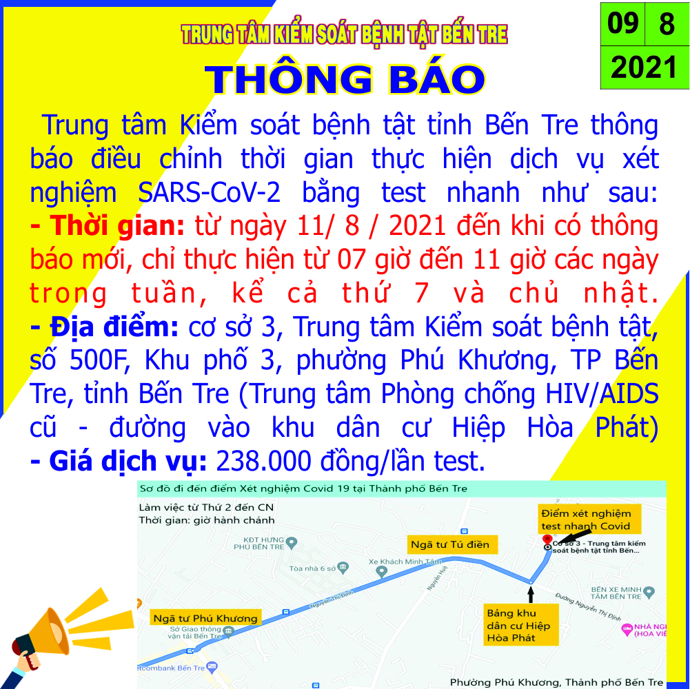 Trung tâm Kiểm soát bệnh tật Bến Tre thông báo thay đổi thời gian thực hiện test nhanh SARS-CoV-2